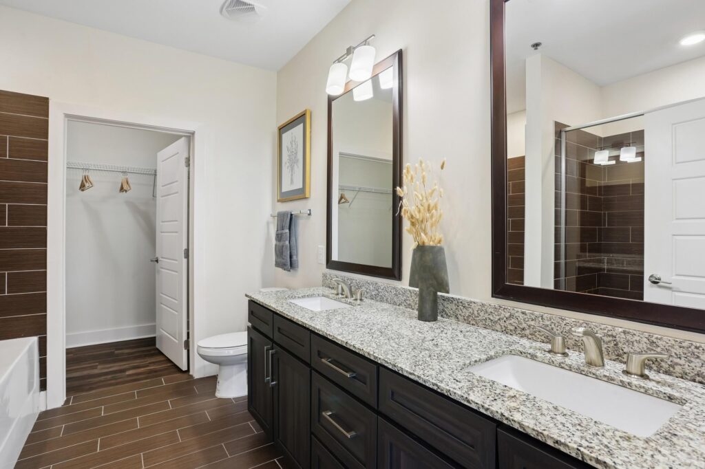 Modern bathroom with double sinks, granite countertop, dark cabinets, large mirrors, and a walk-in closet. Bathtub with brown tile, vase with dried plants, wall art, and white walls complete the decor.