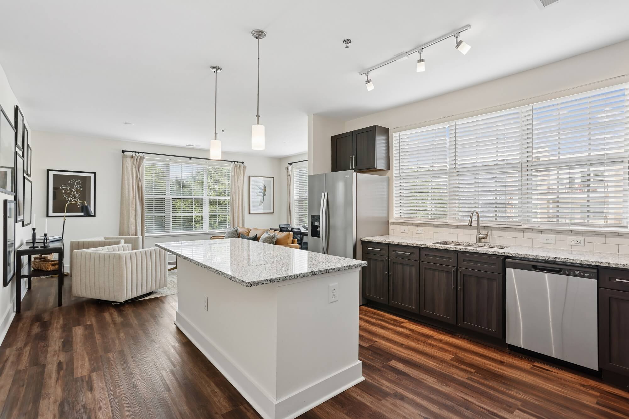 Modern kitchen with dark cabinets, stainless steel appliances, a large island with granite countertop, pendant lights, and wood flooring. Open layout leads to a bright living area with large windows and neutral decor.